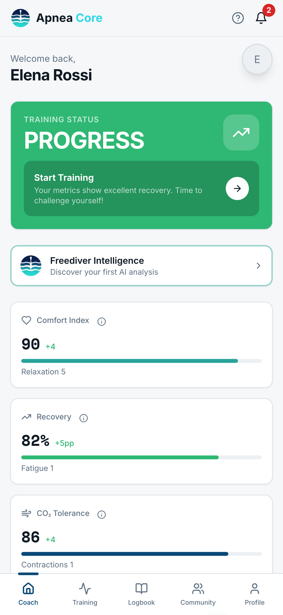 Coach screen with the Progress training status, Comfort Index, Recovery and CO2 Tolerance