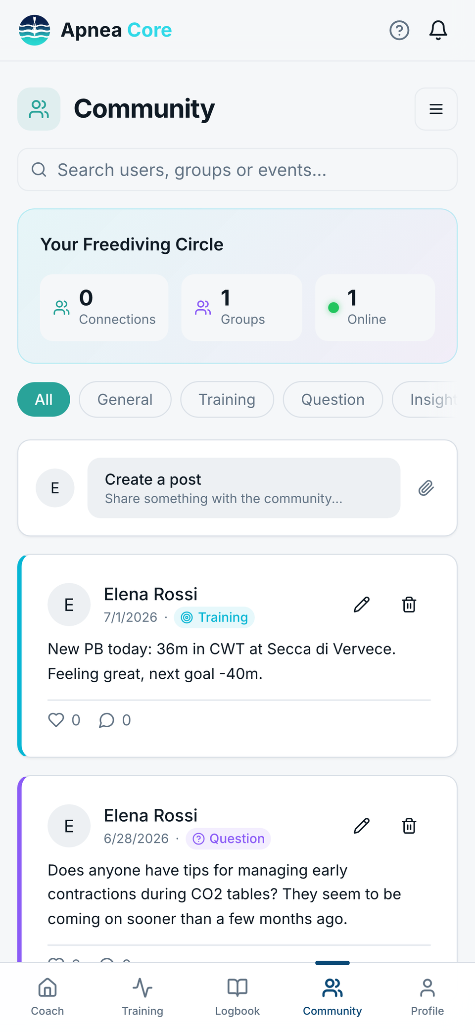 Community screen with a post, groups and connections