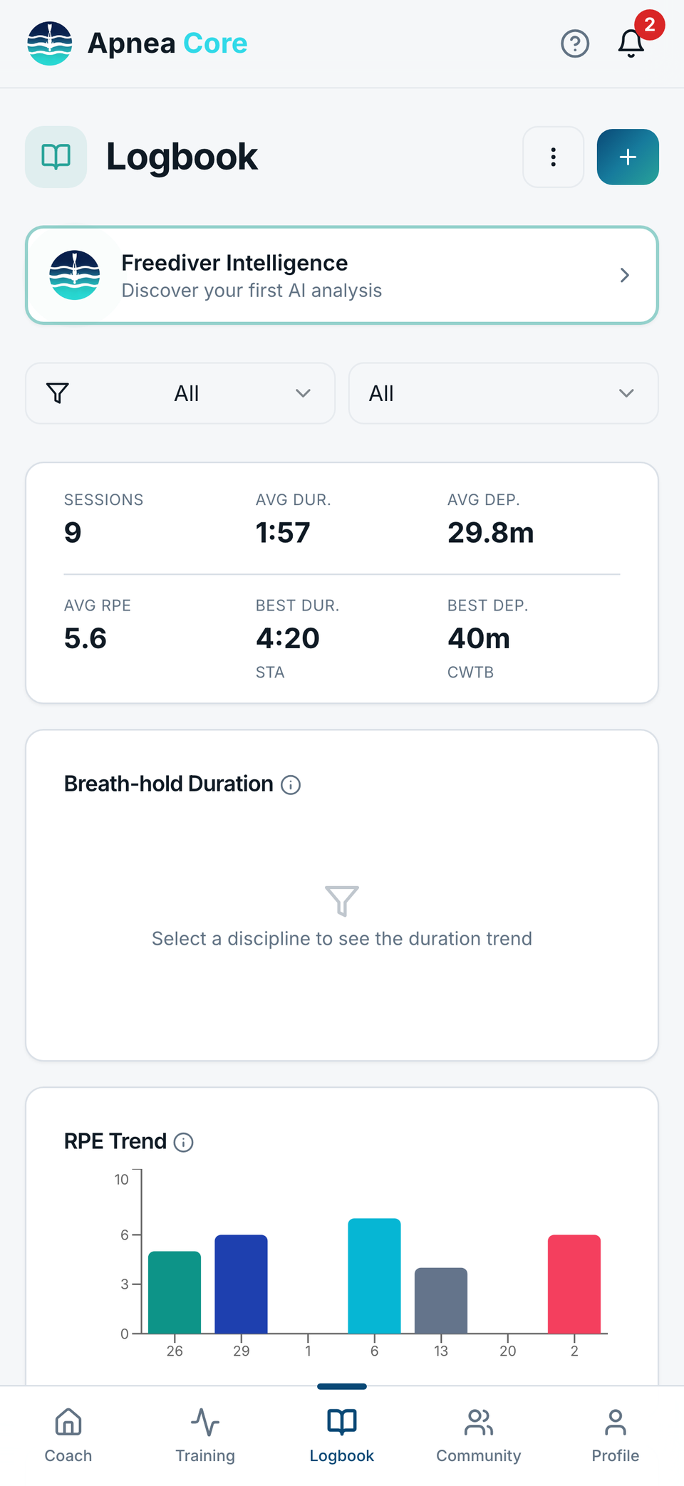 Logbook screen with sessions, average duration and depth and best results