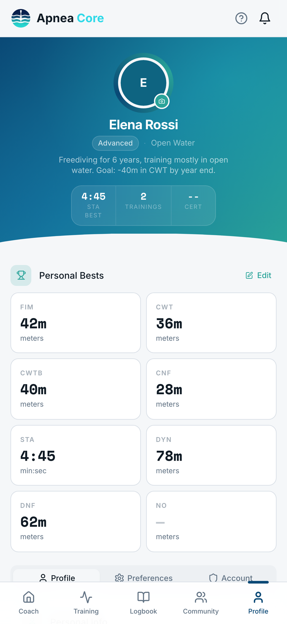 Profile screen with photo, experience level, bio and personal bests