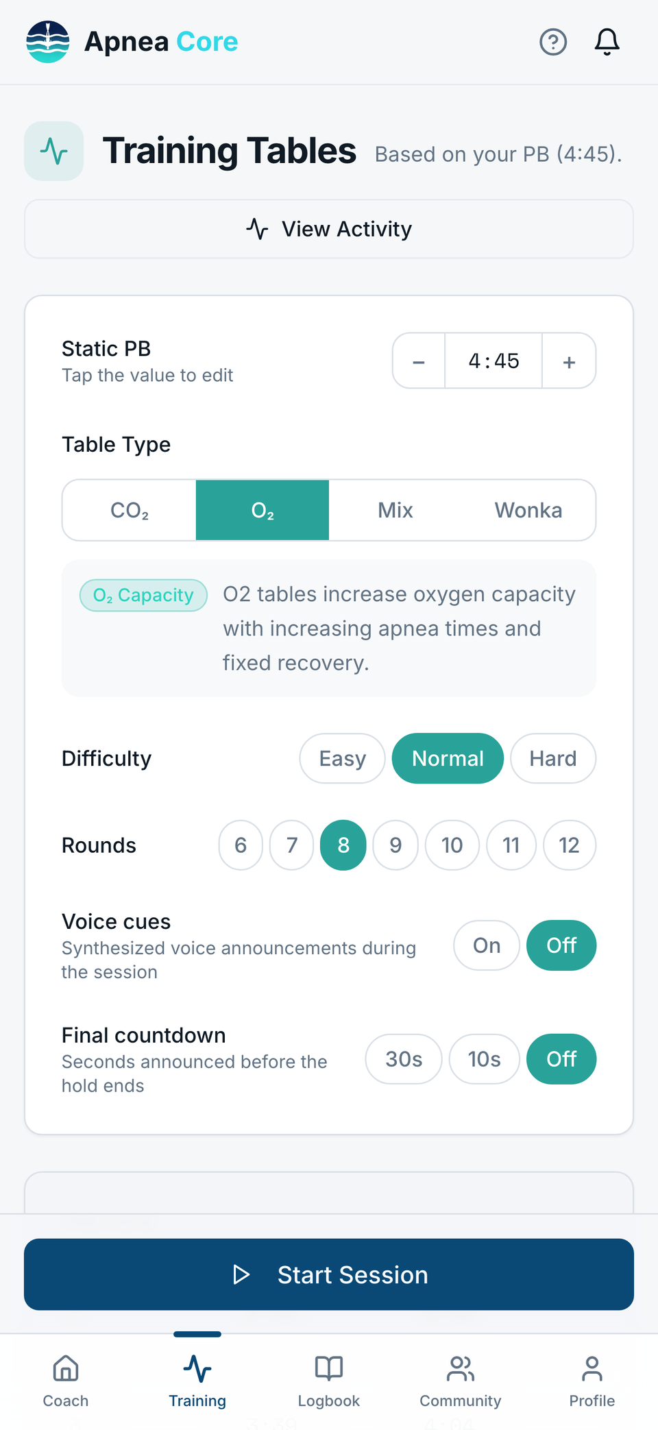 Training Tables screen with CO2, O2, Mix and Wonka tables, difficulty and number of rounds